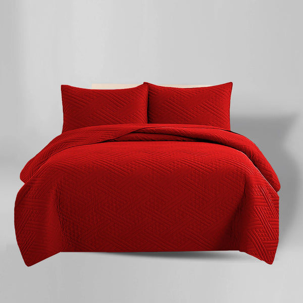 Plain BEDSPREAD 3pcs Set - RED (Light Filling)