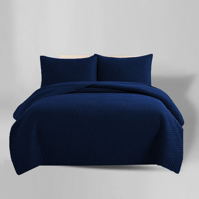 Plain BEDSPREAD 3pcs Set - NAVY (Light Filling)