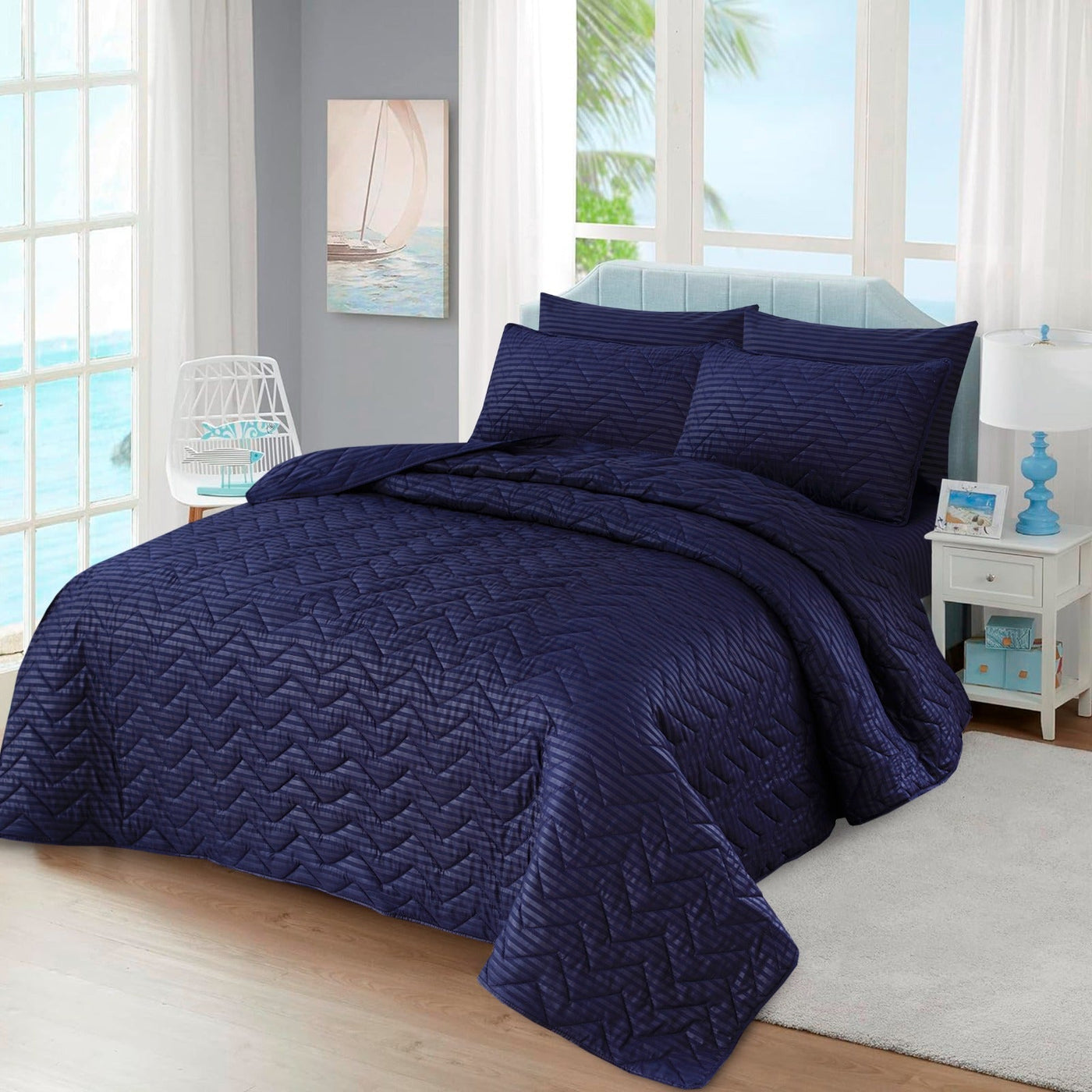 BLUE STRIPE Plain- 6pcs Summer Comforter Set (Light Filling)