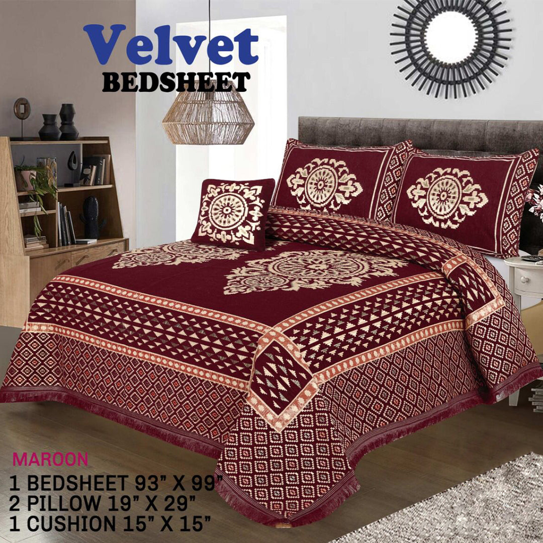 Velvet Bedsheet - 4 PC SET  (MAROON LEAF)