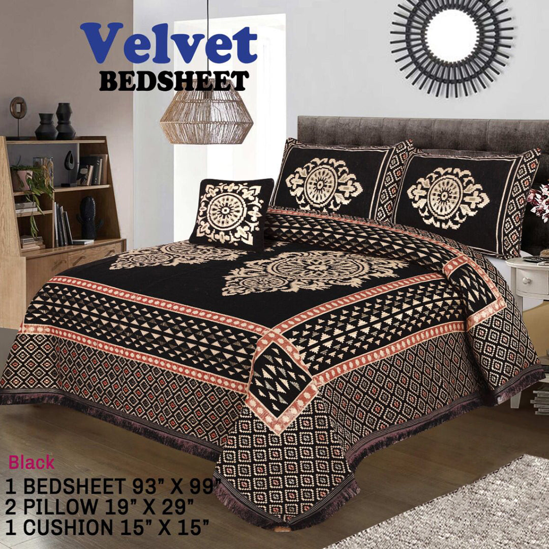 Velvet Bedsheet - 4 PC SET  (BLACK LEAF)