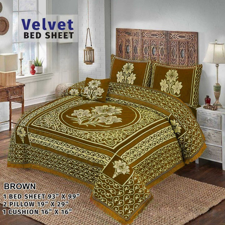 Velvet Flower Bedsheet - 4 PC SET  (BROWN)