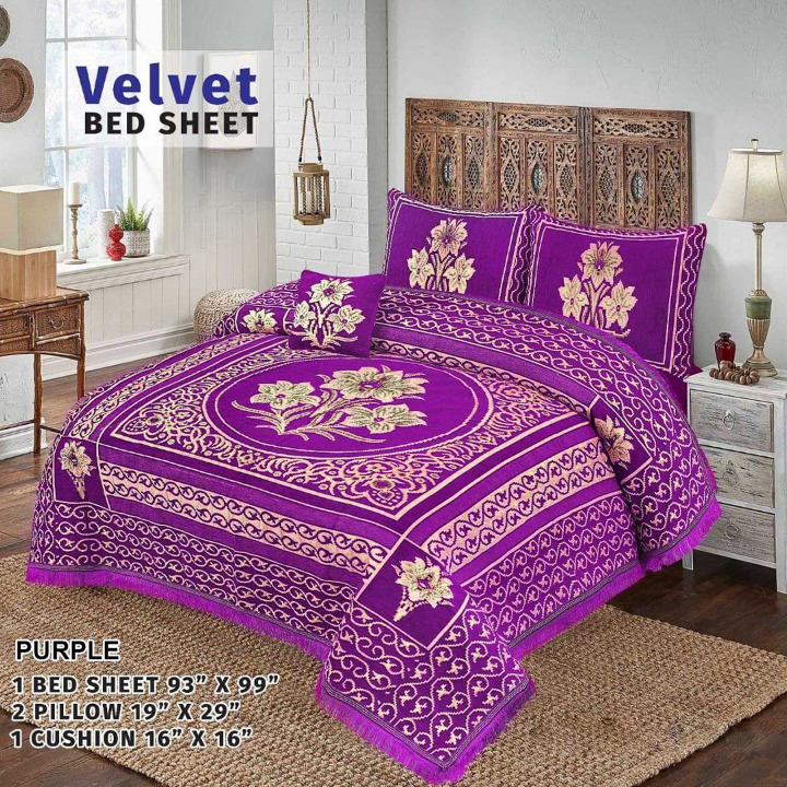 Velvet Flower Bedsheet - 4 PC SET  (PURPLE)