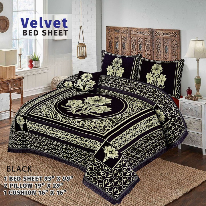 Velvet Flower Bedsheet - 4 PC SET  (BLACK)