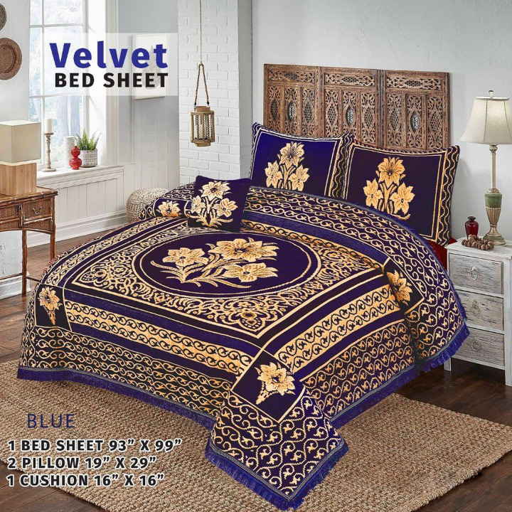 Velvet Flower Bedsheet - 4 PC SET  (BLUE)