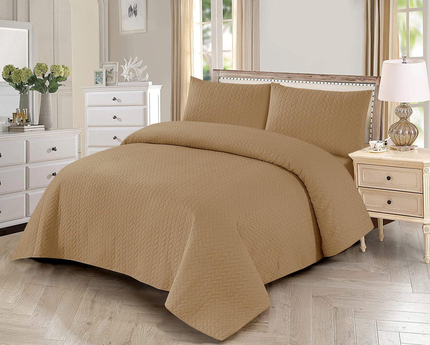 Beige Plain- Summer 3pcs BEDSPREAD Set (Light Filling)