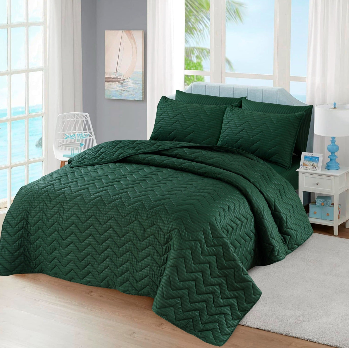 Green STRIPE Plain- 6pcs Summer Comforter Set (Light Filling)