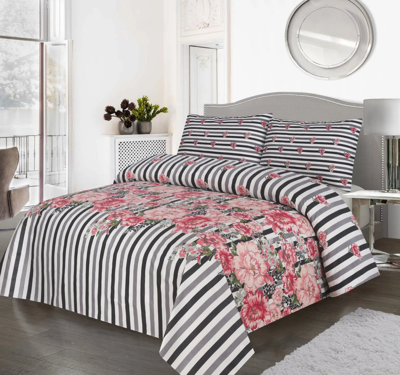 KING SIZE 3 PCS BED SHEET - FLORAL STRIPE